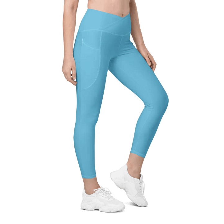 Plain Medium Light Blue Light Summer Women's High Waisted Premium Crossover Leggings with Pockets by Treasure Pie product image (1)