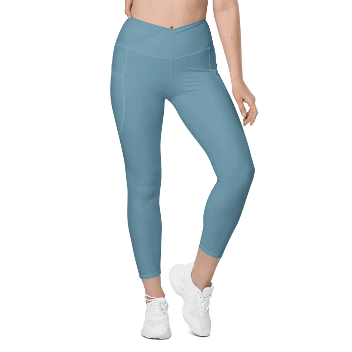 Plain Medium Light Blue Soft Summer Women's High Waisted Premium Crossover Leggings with Pockets by Treasure Pie product image (2)