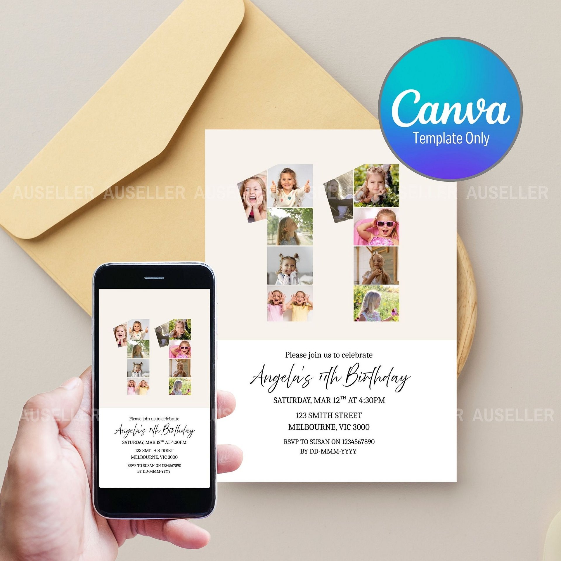 11th Birthday Photo Collage Editable Invitation Template product image (1)