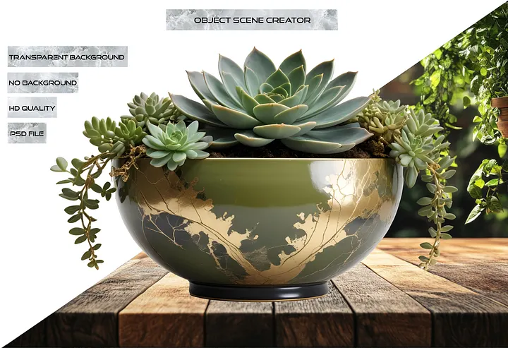 Kintsugi Harmony – Olive Green Planter with Succulents PNG product image (2)