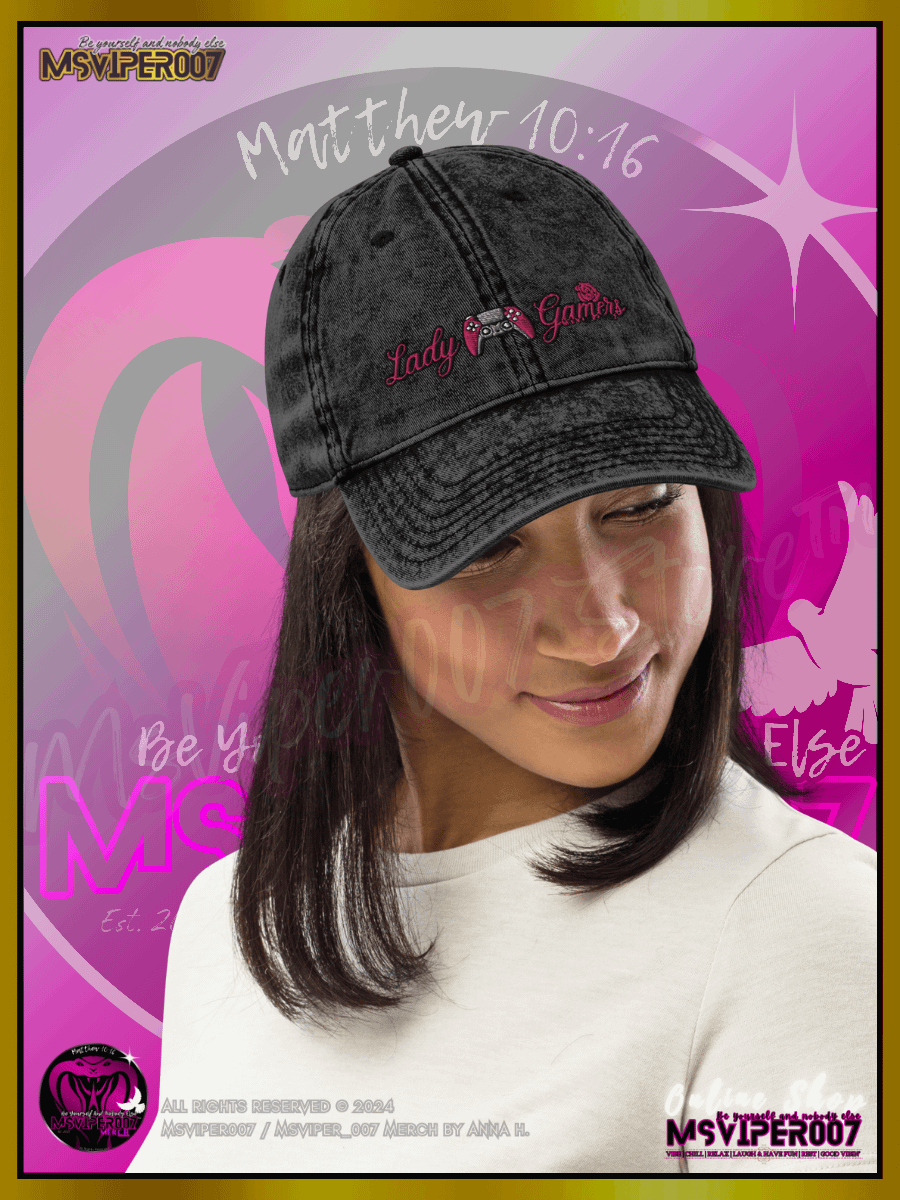 Vintage Cap [ Embroidered Design(s) ] - MsViper007's " Lady Gamers [flamingo]" Vintage Cotton Twill Cap by Anna H. product image (9)