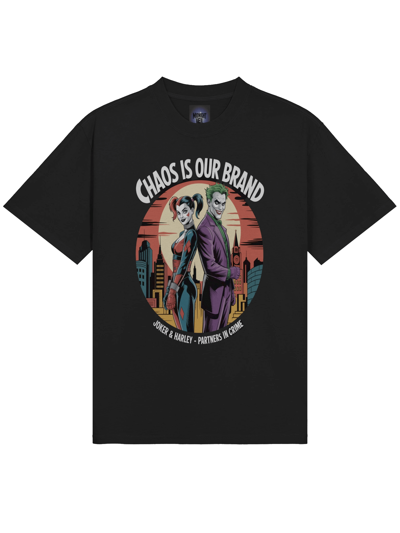 Chaos is Our Brand: Joker & Harley Gotham Twilight Partners Oversized Faded Unisex T-Shirt product image (5)