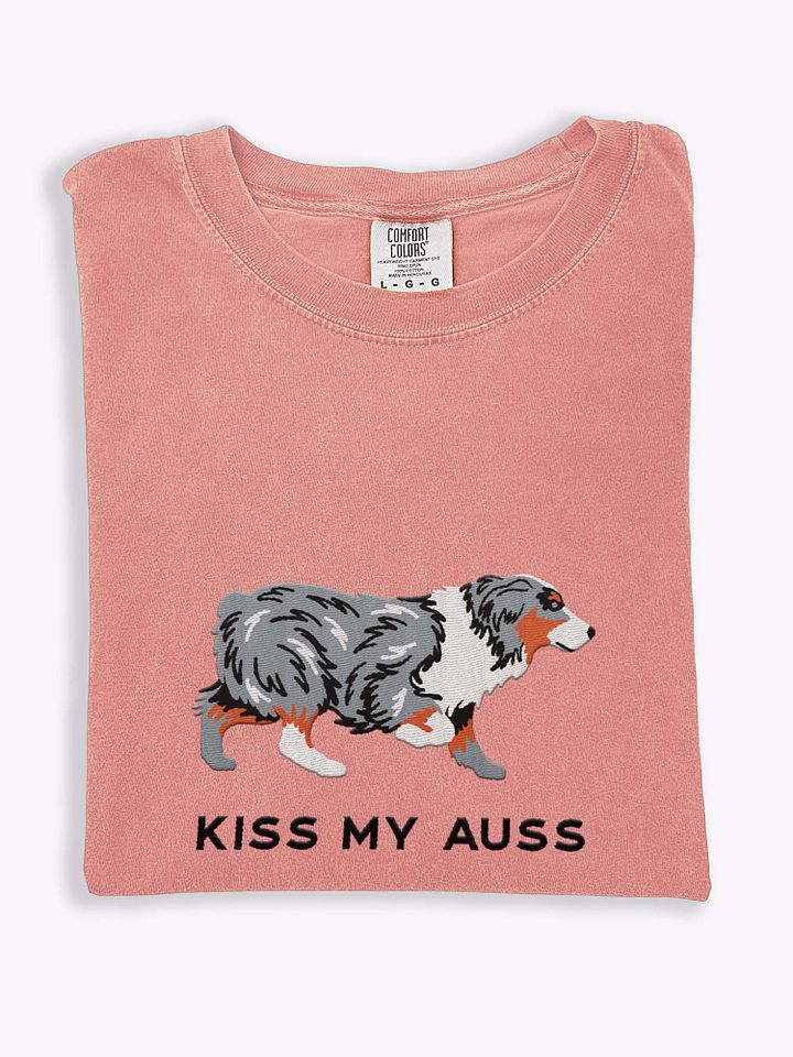 Kiss My Auss T-Shirt(Embroidered) of an Australian Shepherd(Blue Merle) product image (1)