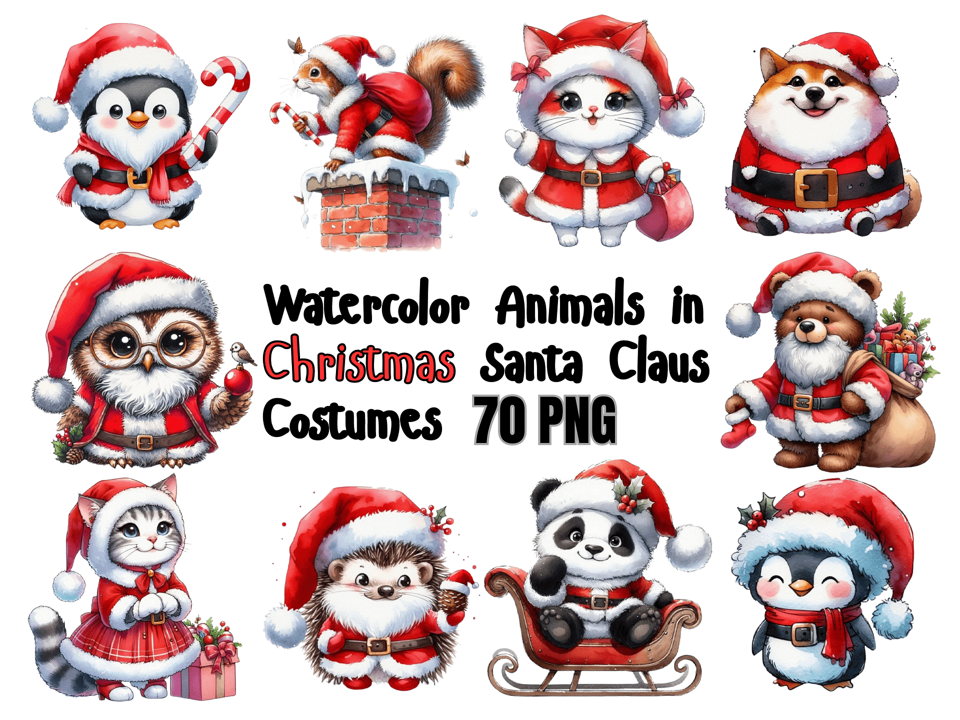 Watercolor Animals in Christmas Santa Claus Costumes PNG, Cute  Christmas Clipart, PNG Download, Christmas PNG Bundle product image (1)
