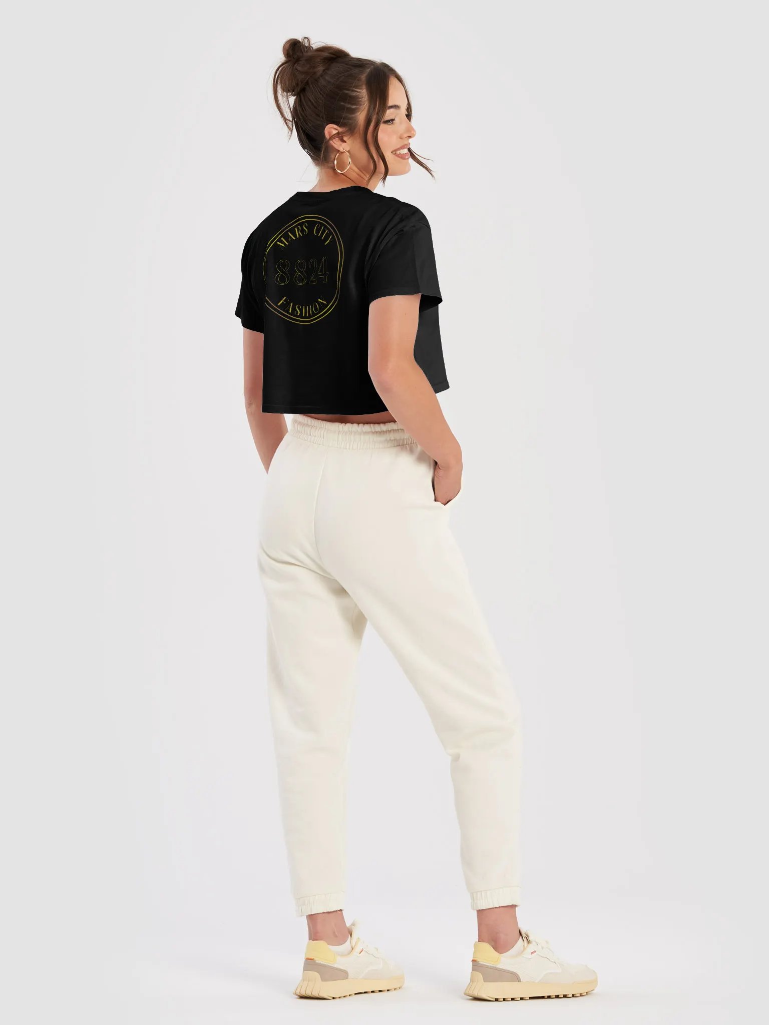 Ladies black cropped tee shirt with Gold Astronaut front product image (8)