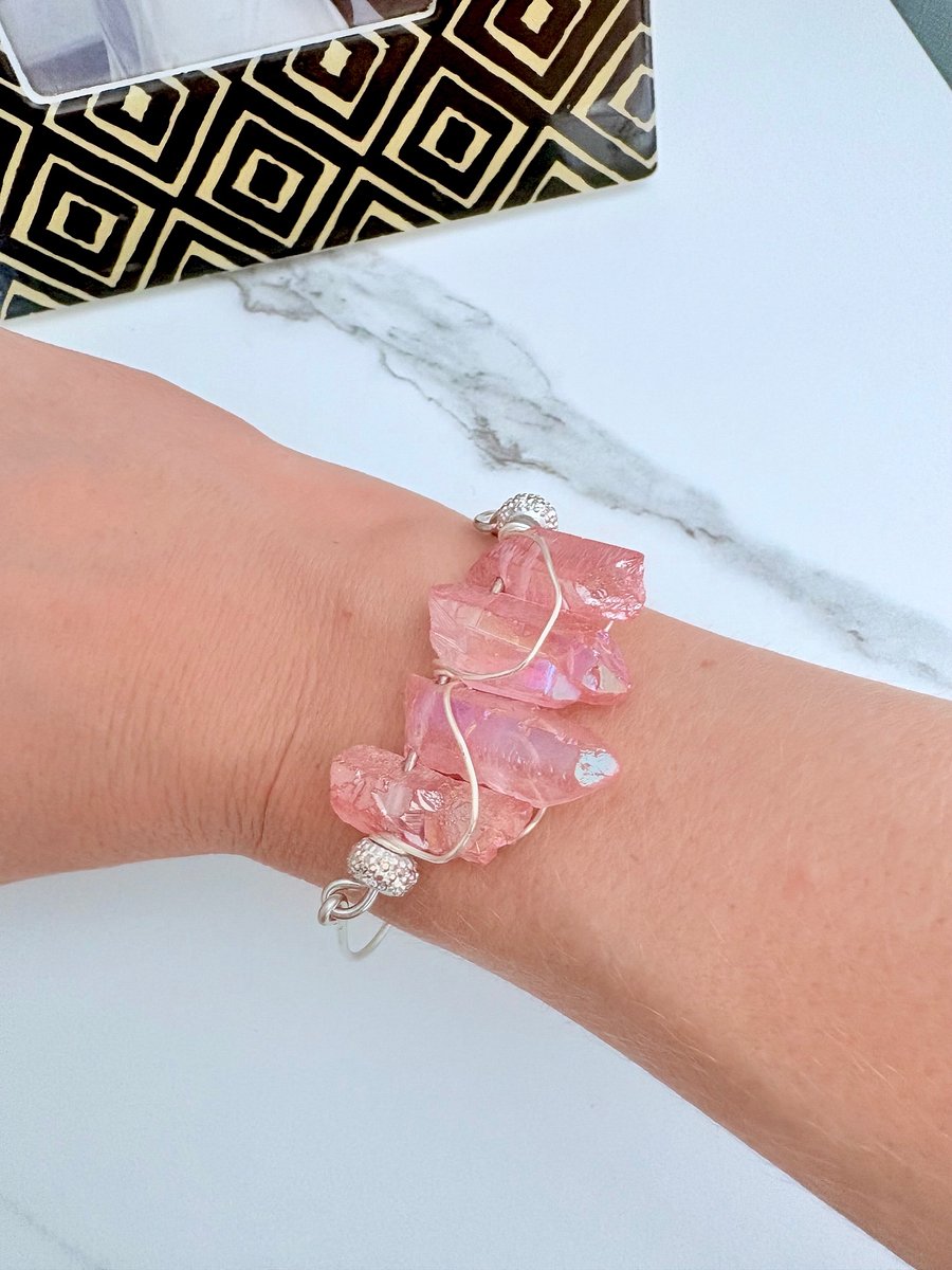🌊 Mermaid Glow Bangle | Iridescent Pink Glass Crystals | Handmade 6" Diameter | Coastal Charm by Monique Faella Designs™ | MFD-00195 product image (1)