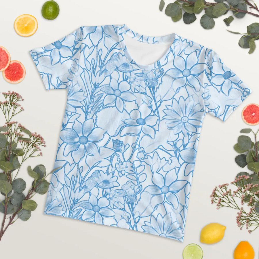 Line art Blue and White Floral/All-Over Print Women's Crew Neck T-Shirt by Sublicolor product image (4)