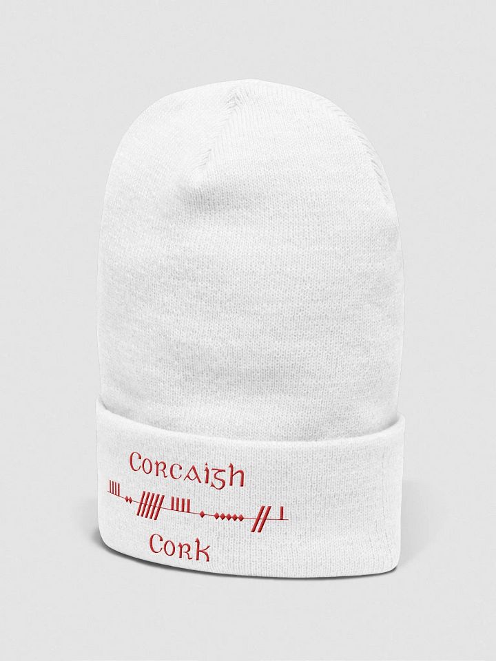 Cork/Corcaigh, Scholastic style Ogham, white with red, embroidered Cuffed Beanie product image (2)