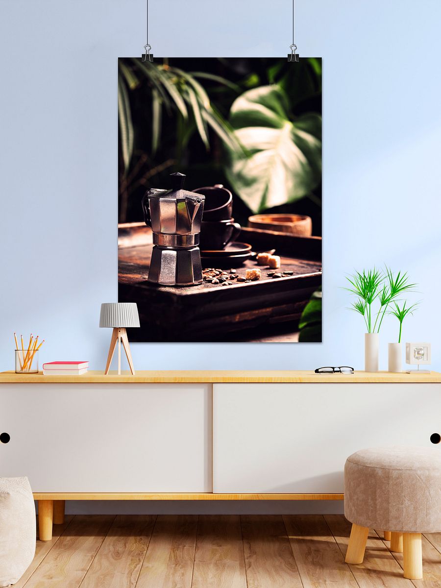 Coffee cups and beans — Photo paper glossy poster. Kitchen decor, coffee poster, coffee print, coffee photo, kitchen art product image (1)