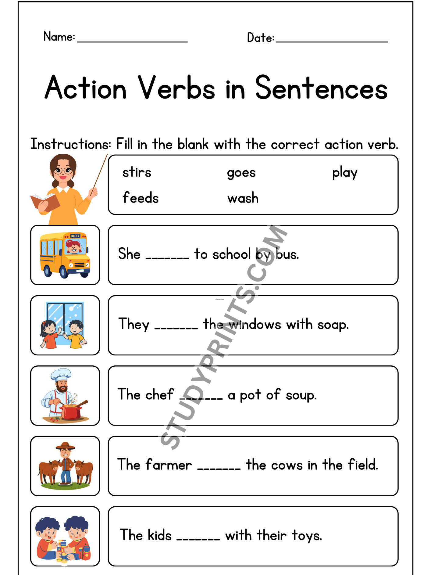 20 Printable Action Verbs Worksheets – Fill in the Blank product image (2)