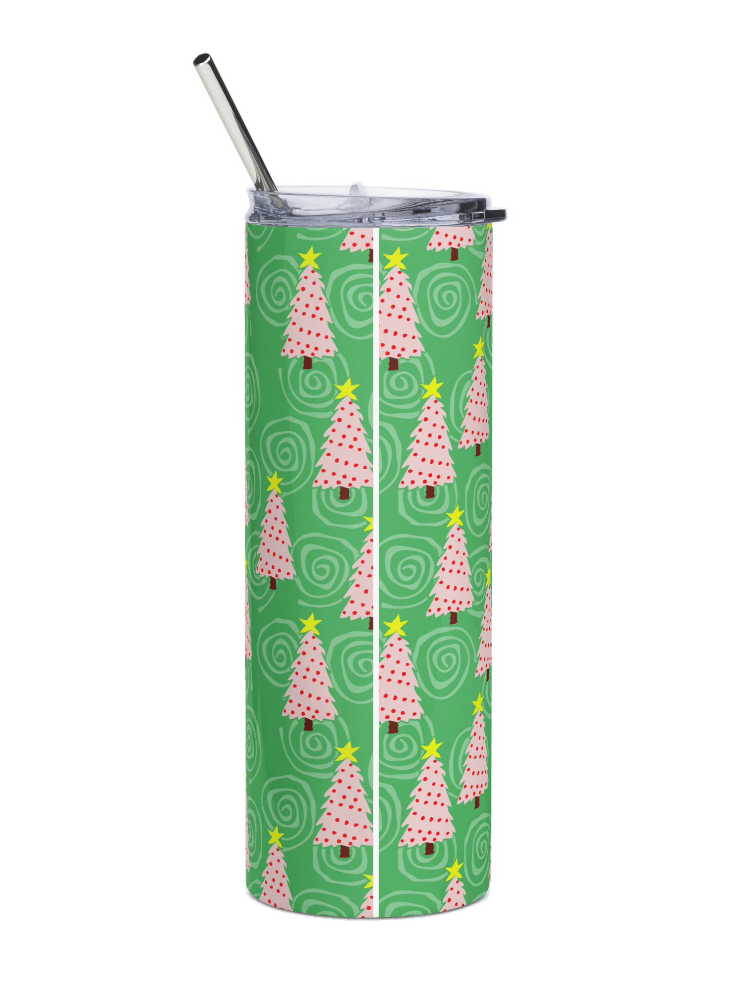 Pink Christmas Trees on Green Spirals Stainless Steel Tumbler with Straw product image (12)