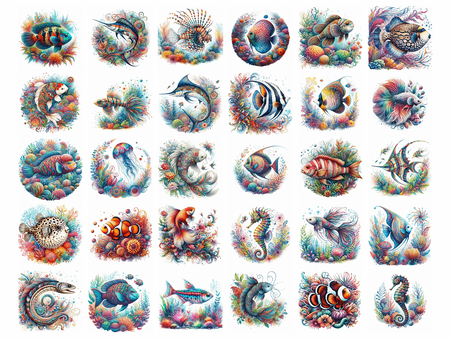 Watercolor Graceful Fish Exploring a Colorful Underwater Garden PNG, Cute Sea Creatures Clipart, PNG Download, Sea Life Bundle product image (4)