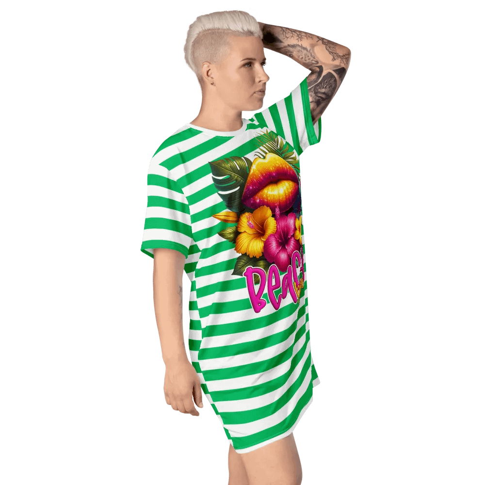 Hibiscus Kiss Green Stripped Summer T-Shirt Dress product image (4)