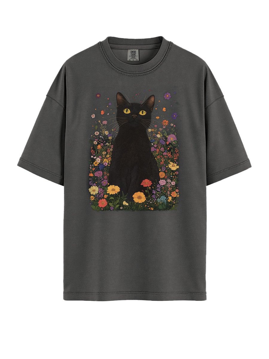 Black Cat in Wildflowers – Relaxed Fit Heavyweight Unisex Cotton T-Shirt product image (4)
