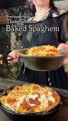 Cozy Cottage Three Cheeses Baked Spaghetti - full recipe in bio:) The cheesiest spaghetti in all of Faerun! Made with cheeses...