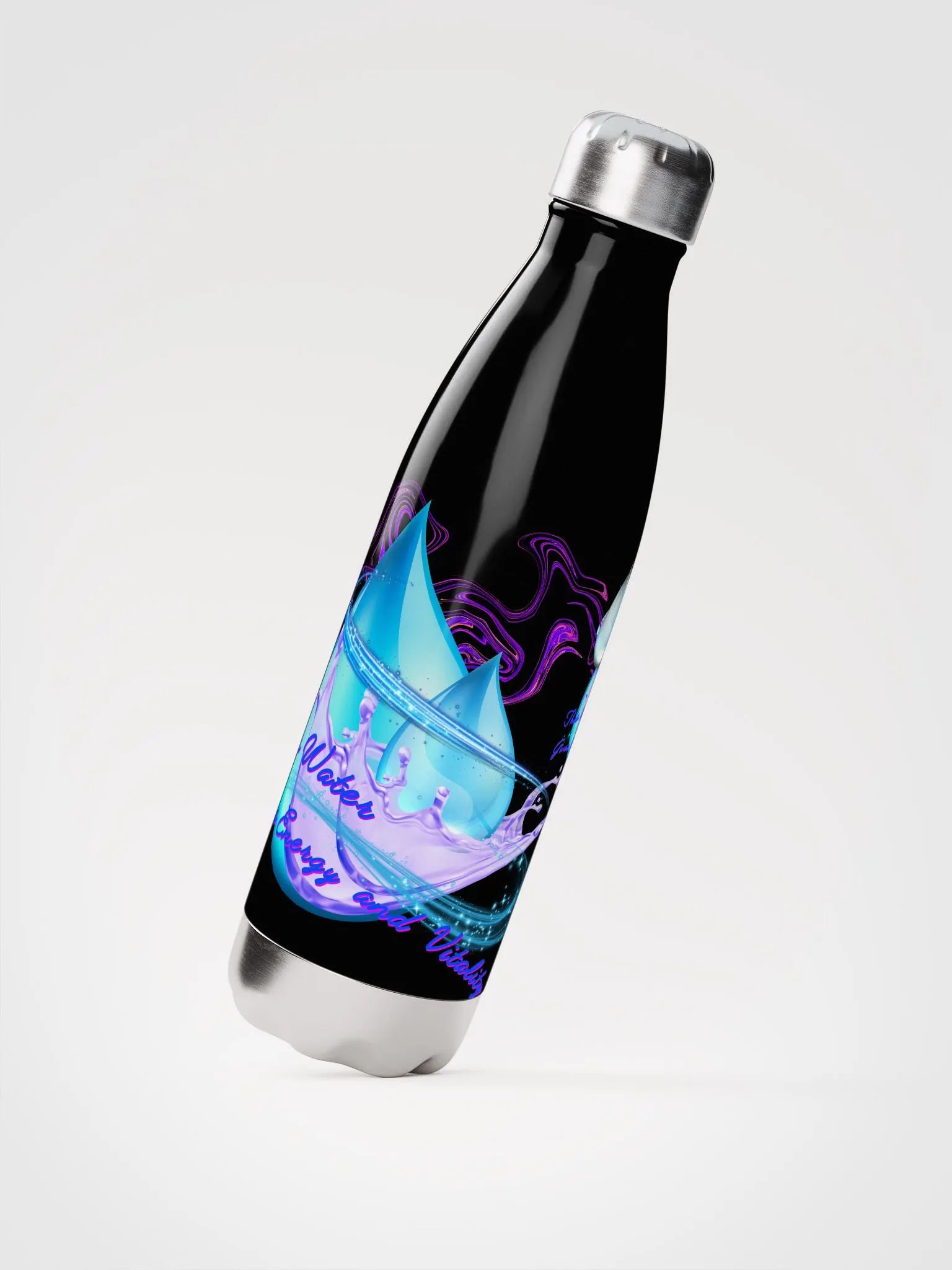 Stainless Steatl water bottle with beautiful swirly blue water drops  featuring ' This water gives energy and vitality