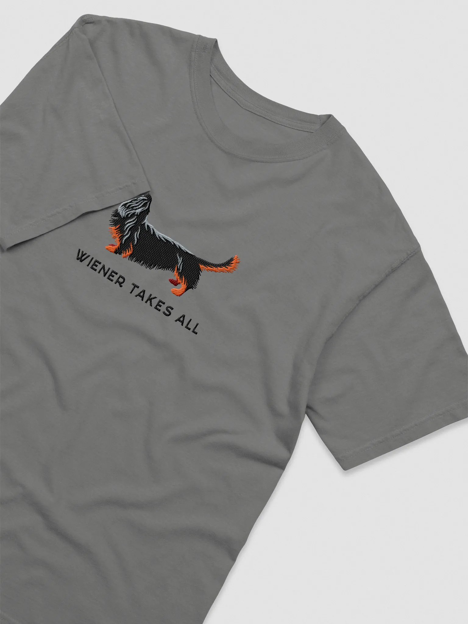 Wiener Takes All T-Shirt(Embroidered) of a Longhaired Dachshund(Black & Tan) product image (6)