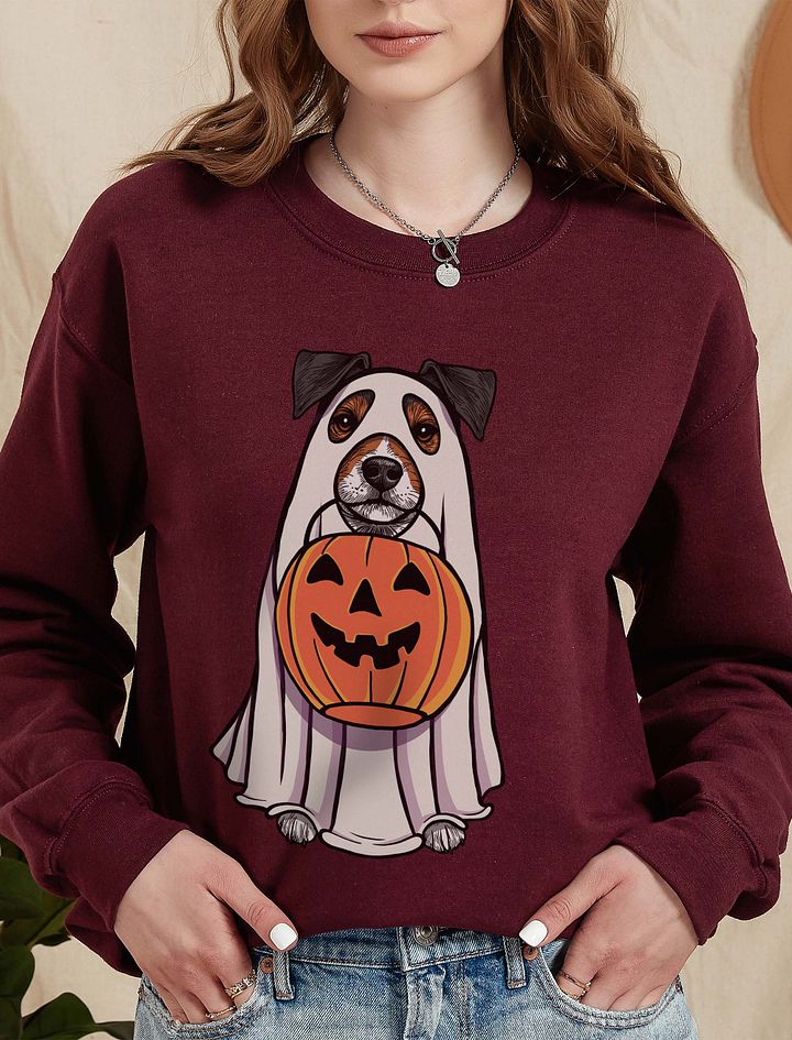 Funny Halloween Jack Russell Terrier(Grizzle) Sweatshirt | Funny JRT Wearing a Ghost Costume and Holding a Pumpkin Basket product image (6)