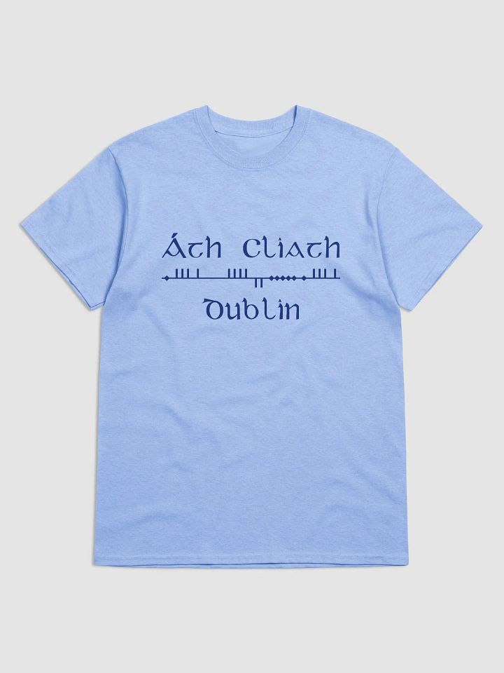 Dublin/Áth Cliath Scholastic style Ogham, light blue with navy, printed T-shirt product image (1)