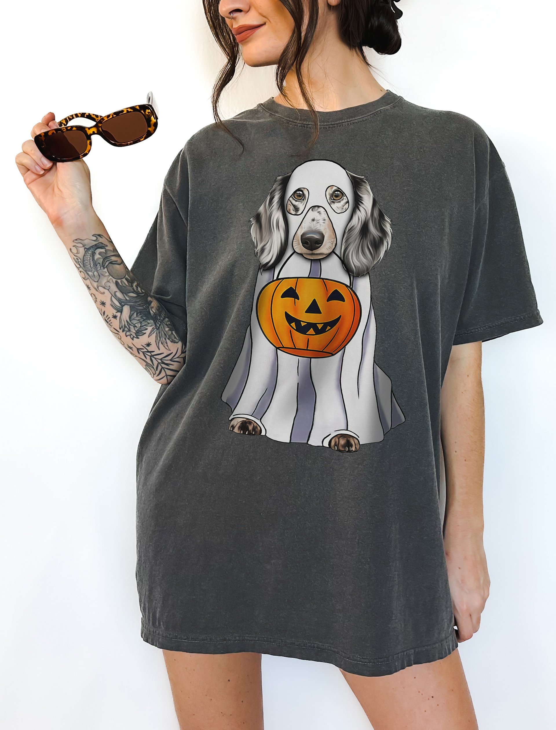 Dachshund(Dapple) Halloween Tee | Funny Halloween Wiener/Doxie Wearing a Ghost Costume with Pumpkin Basket product image (6)