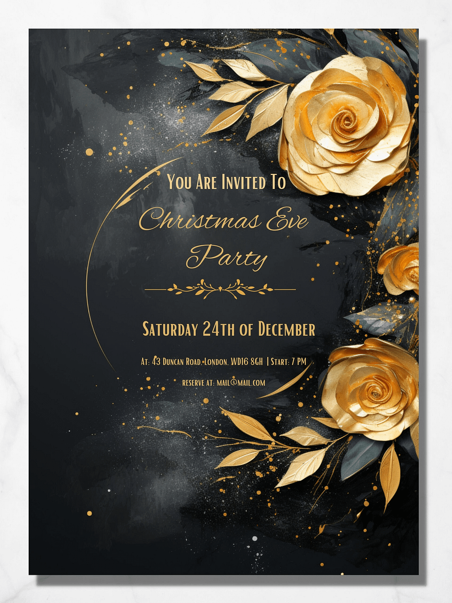 3D Golden Roses Christmas Eve Party Invitation | Editable in Canva | Christmas Party Printable | Holiday Invitation Template | Link to Canva product image (5)