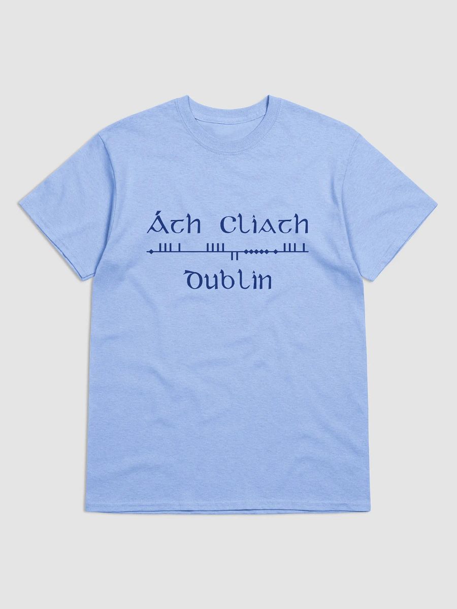 Dublin/Áth Cliath Scholastic style Ogham, light blue with navy, printed T-shirt product image (1)