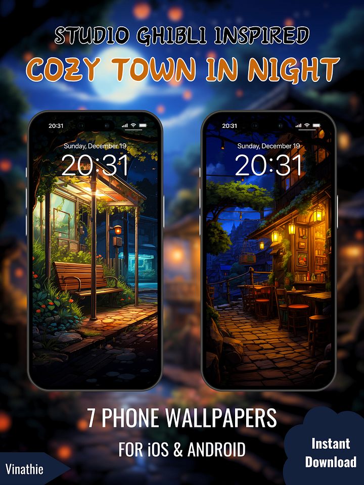 Cozy Town In Night | Studio Ghibli Inspired | Phone Wallpaper product image (2)