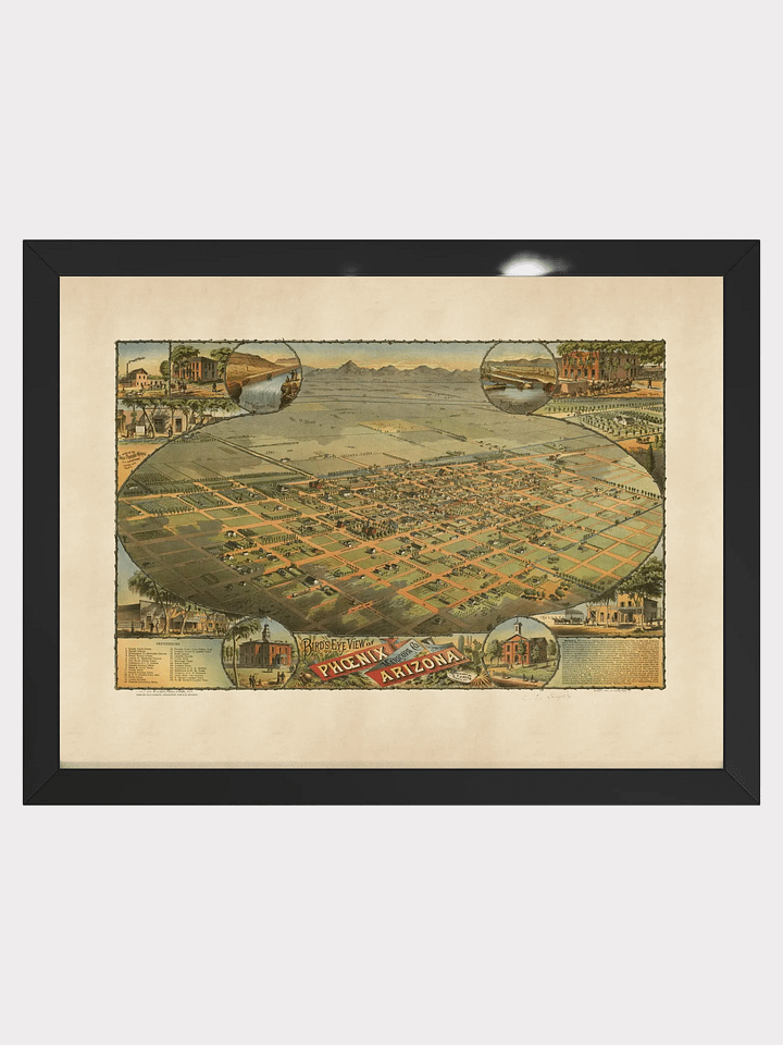 Phoenix Arizona 1885 Framed Poster Print – Hand-Drawn Historic City Map product image (1)