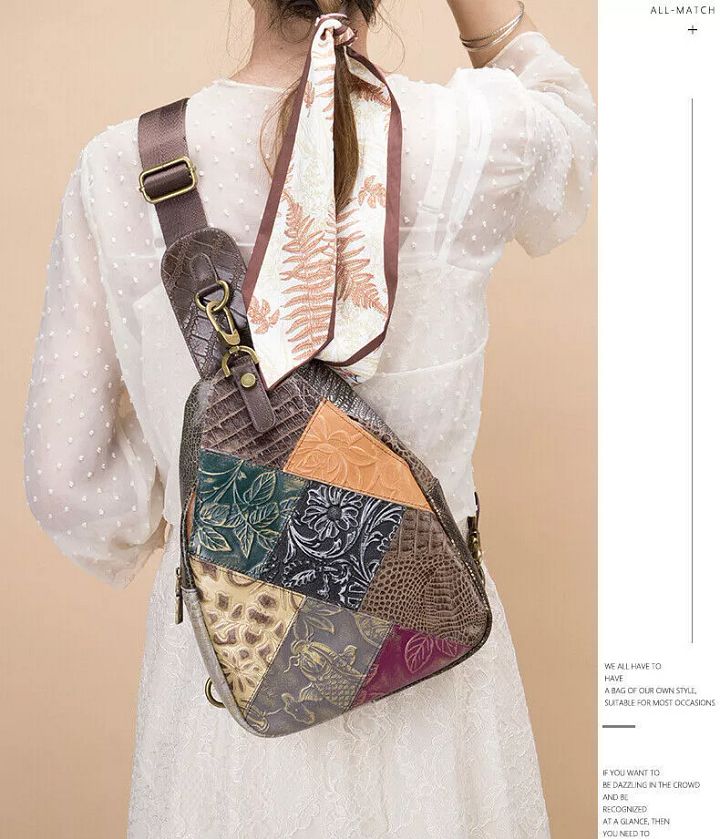 Women Genuine Cow Leather Purse Chest Bag Backpack Shoulder Bag Embossed Travel product image (2)