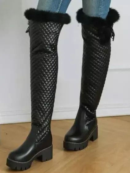 New Women's Round Toe Shoes Block Heels Zipper Faux fur Warm Over the Knee Boot product image (6)