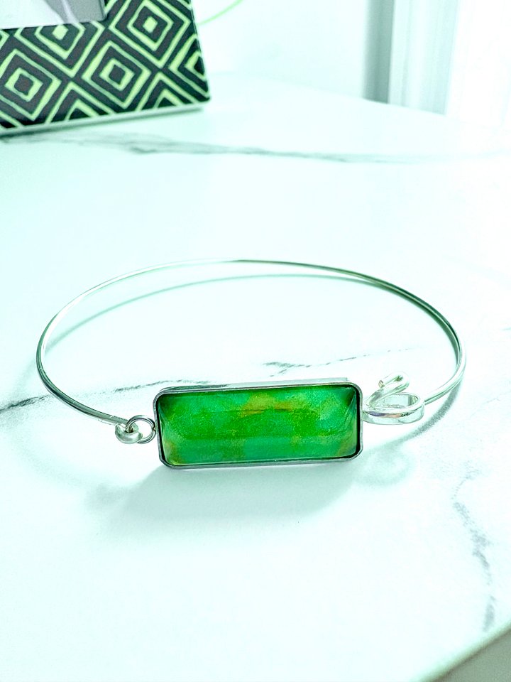 ⚡ Electric Tide Bangle | 7.25" Silver-Plated Wire Bracelet with Bright Green Rectangle Charm | Handmade Coastal Charm Jewelry by Monique Faella Designs™ | MFD-00179 product image (1)