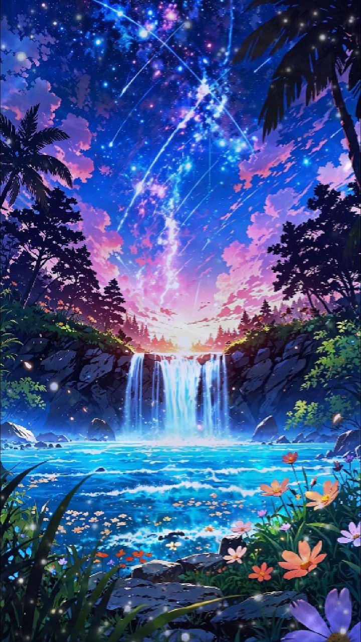 A waterfall cascading through a vibrant, enchanted forest under A serene, pink glowing starry sky. product image (1)