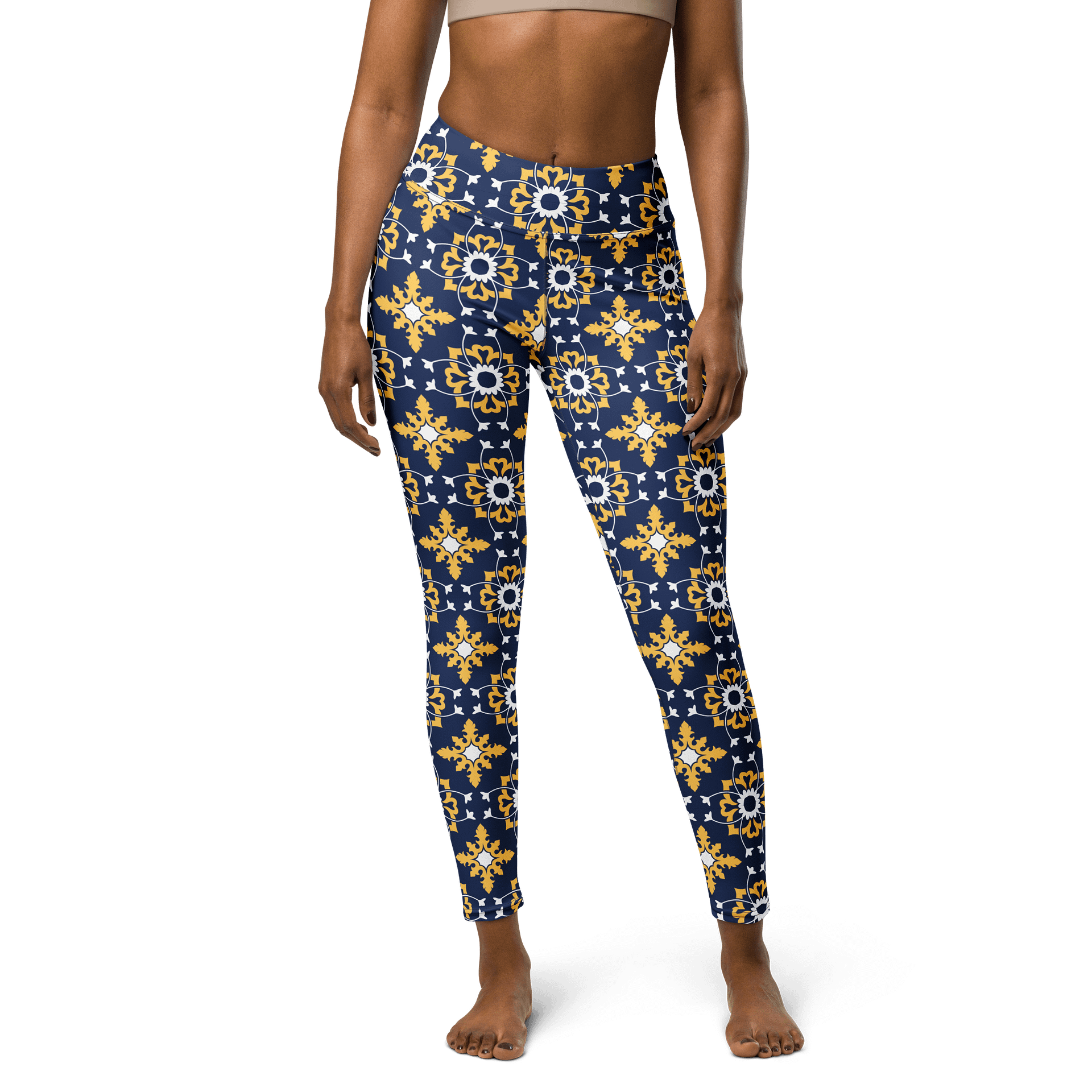 Bold Blue and Yellow Ornament Pattern High-Waist Leggings product image (1)