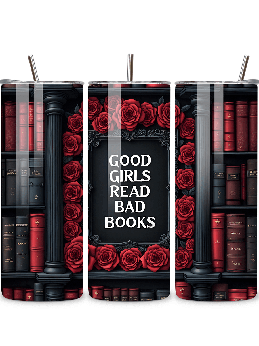 Goth 20oz Skinny Tumbler with Metal Straw – Elegant Red Rose and Library Design – Double-Walled Insulated Stainless Steel Tumbler for Hot & Cold Drinks, Gift for Goth Book Lover product image (1)