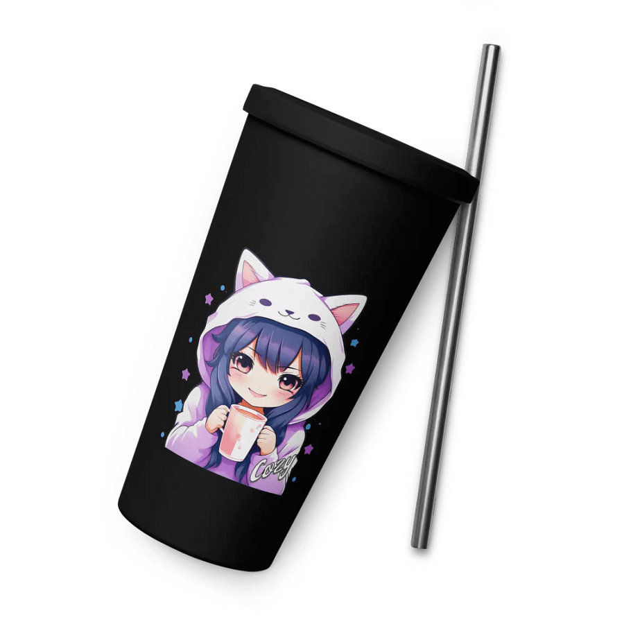 Cozy Kawaii Anime Girl 20 oz Tumbler Cup - Black - Insulated Tumbler with a Straw product image (8)