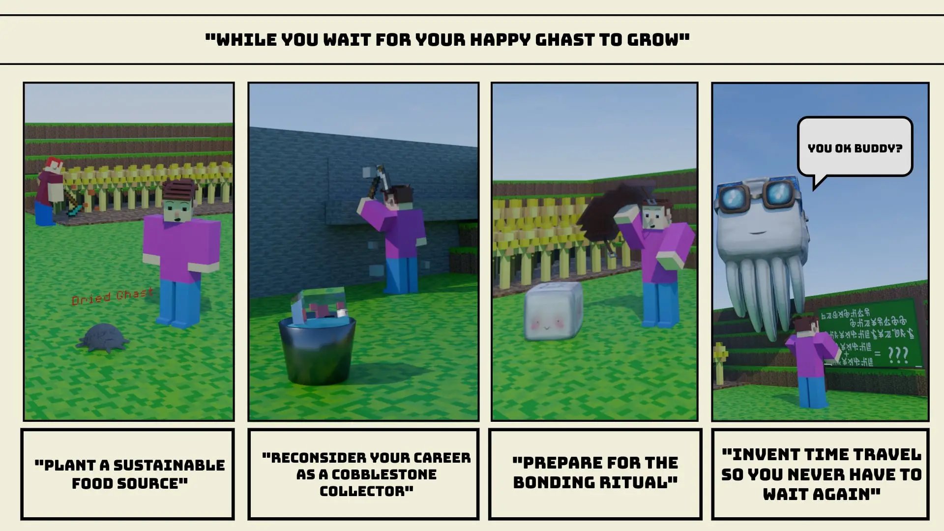 Comic strip requested by a Public Minecraft server based on their own art stylized concept art and script. 