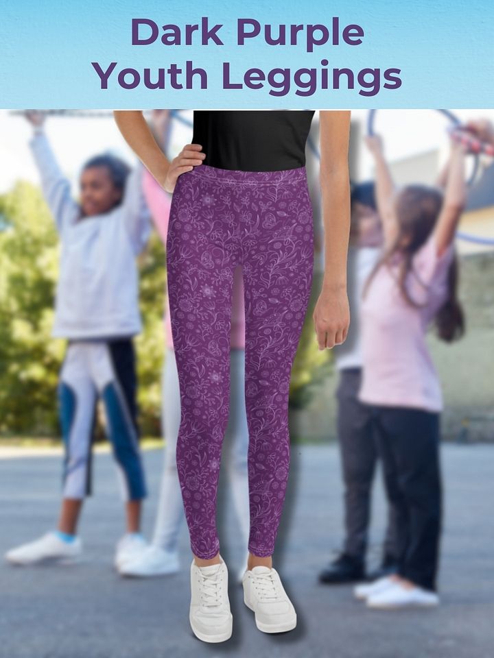 Dark Purple Floral Youth Leggings product image (1)