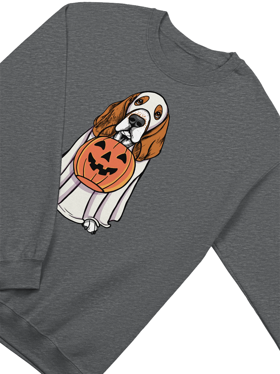 Funny Halloween Basset Hound Sweatshirt | Funny Basset Hound Wearing a Ghost Costume and Holding a Pumpkin Basket product image (8)