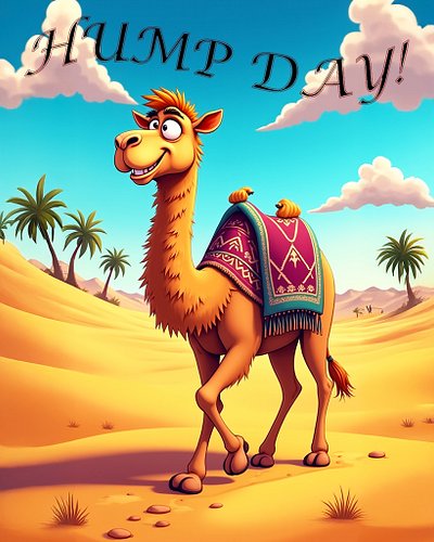Happy Hump Day: Desert's Cheerful Navigator

A vibrant cartoon illustration of a charismatic camel with a big, friendly smile...