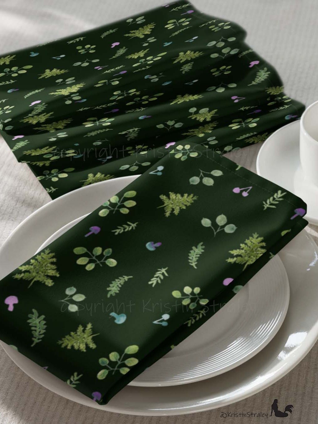 Woodland Ferns & Mushrooms on Dark Green Cloth Napkin Set of 4 product image (4)