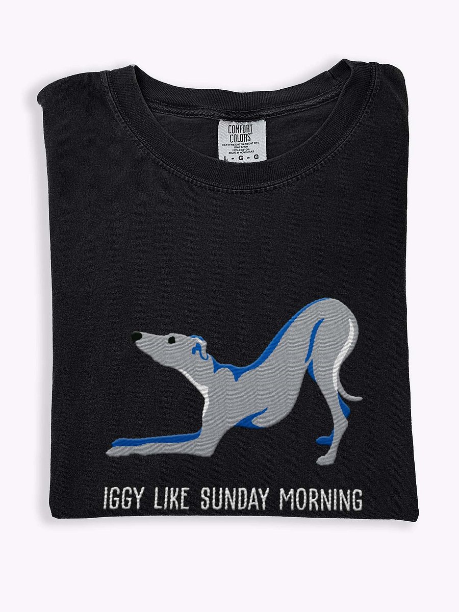Iggy Like Sunday Morning T-Shirt(Embroidered) of an Italian Greyhound(Blue) product image (1)