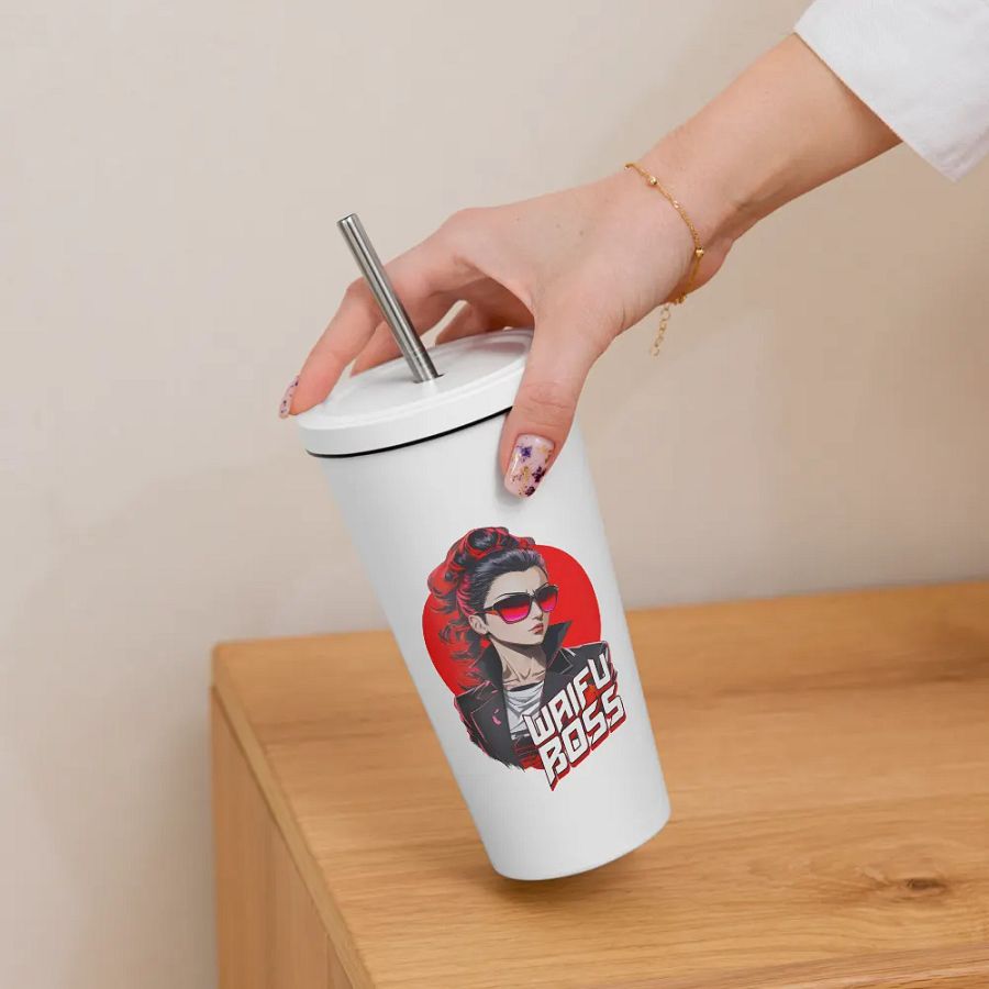 Waifu Boss 20 oz Tumbler Cup - White - Insulated Tumbler with a Straw v2 product image (6)
