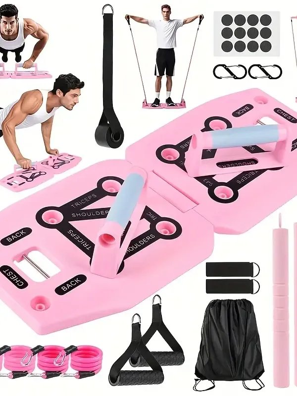 Home Gym Exercise Equipment - Portable Workout System 17 Fitness Accessories 9 In1 Push Up Board Set, Resistance Bands with Pilates Bar Strength Training Abs Shoulders Back Butt product image (9)