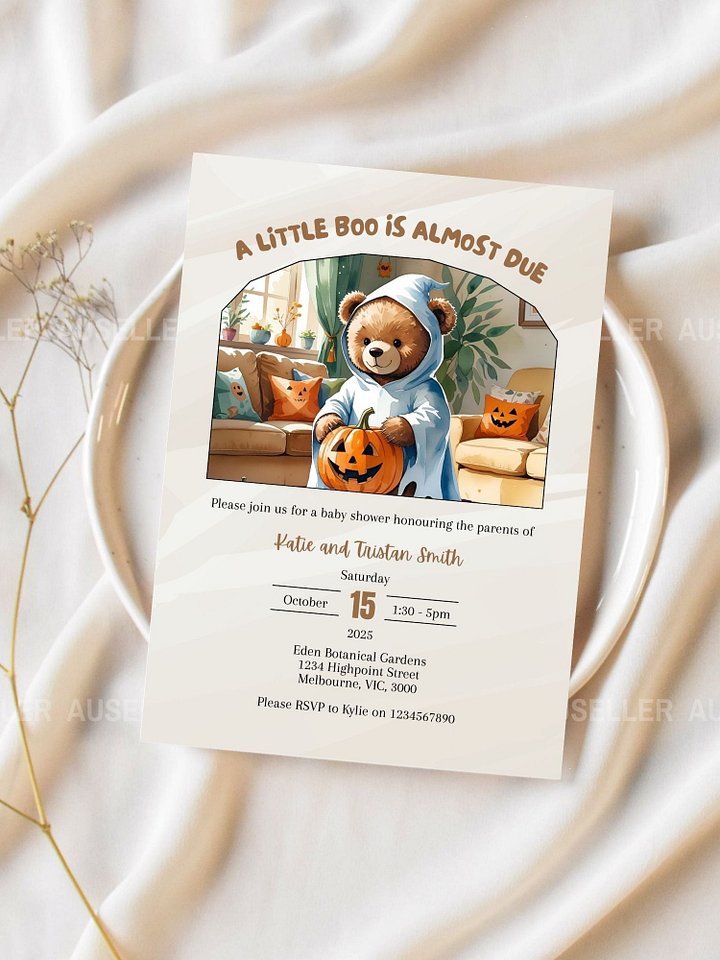 Ghost Teddy Bear & Pumpkins Themed Halloween Baby Shower Invitation product image (2)