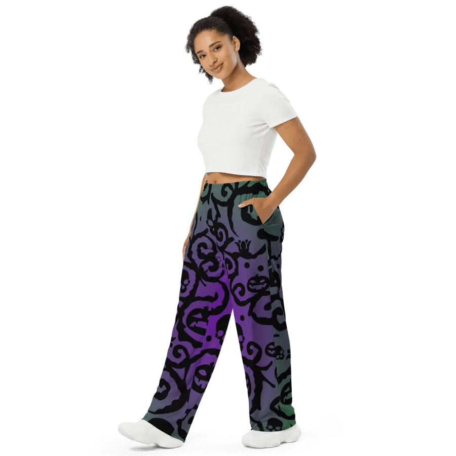 Purple & Green Scary Pumpkins Skull Unisex Wide-Leg Pants product image (4)