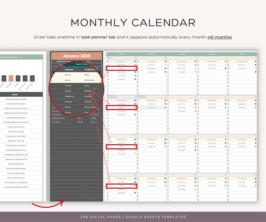 Recurring Task Manager, Google Sheets Template, Dynamic Monthly Calendar product image (6)