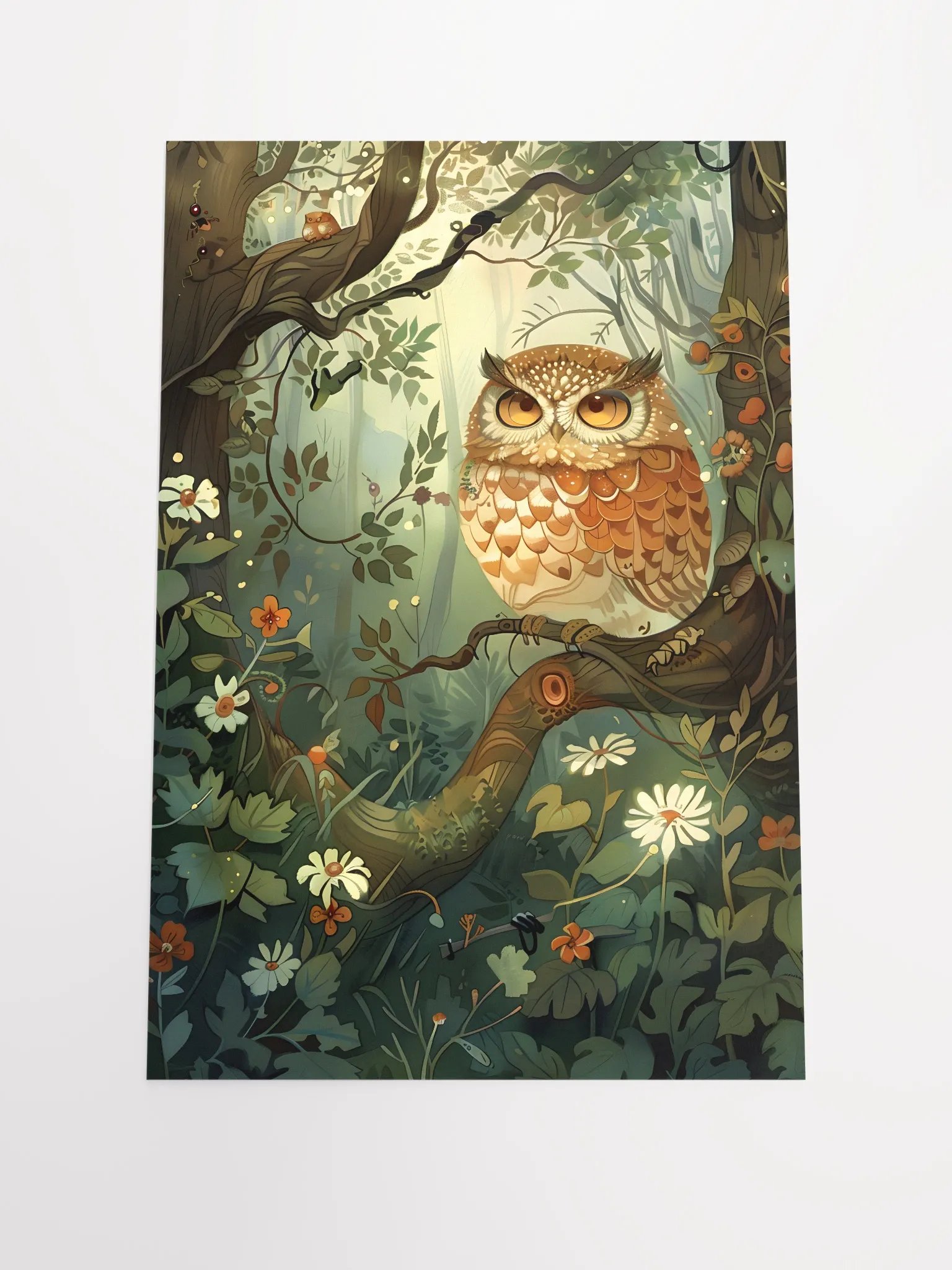 Whimsical owl perched in enchanted forest scenery. product image (1)