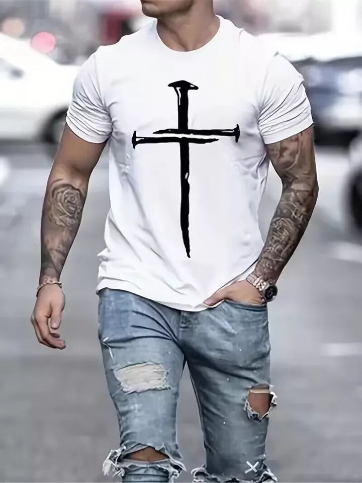 T Shirt Men Black Faith Cross Christian Fashion Solid White Short Sleeve T-Shirt product image (1)