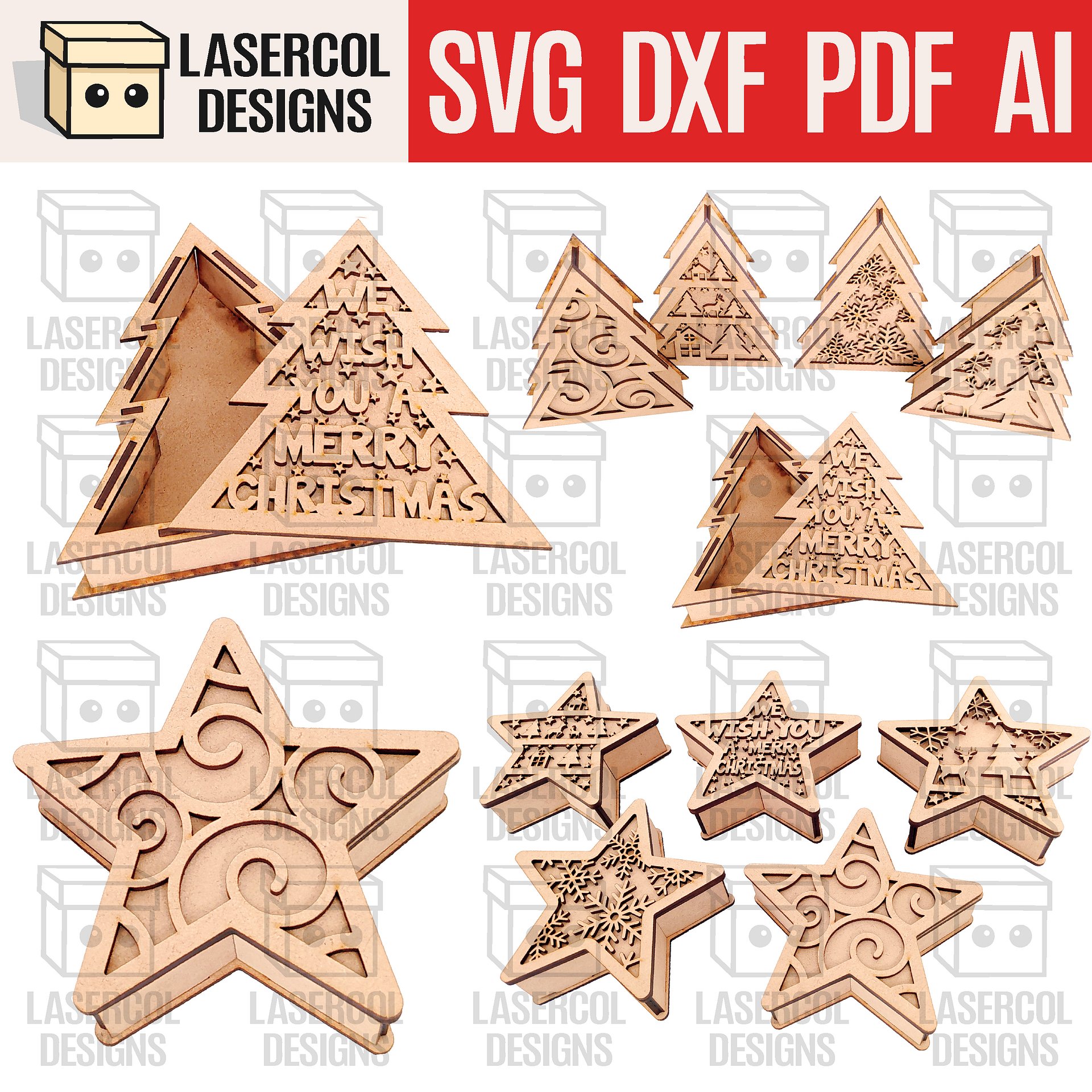 Christmas Tree and Star Box Bundle (2 Sizes, 5 Styles) - Laser Cut Files product image (1)