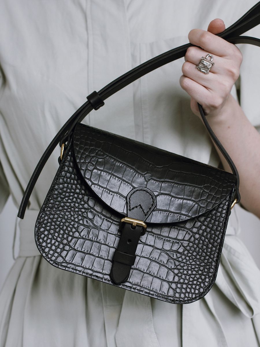 Black Croc Embossed Leather Saddle Bag – Small product image (4)